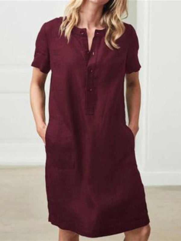 Astrid - Loose Fit V-Neck Medium Length Dress with Pockets