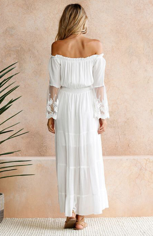 Adelaide - Off-Shoulder Maxi Dress with Lace Sleeves and Tiered Skirt