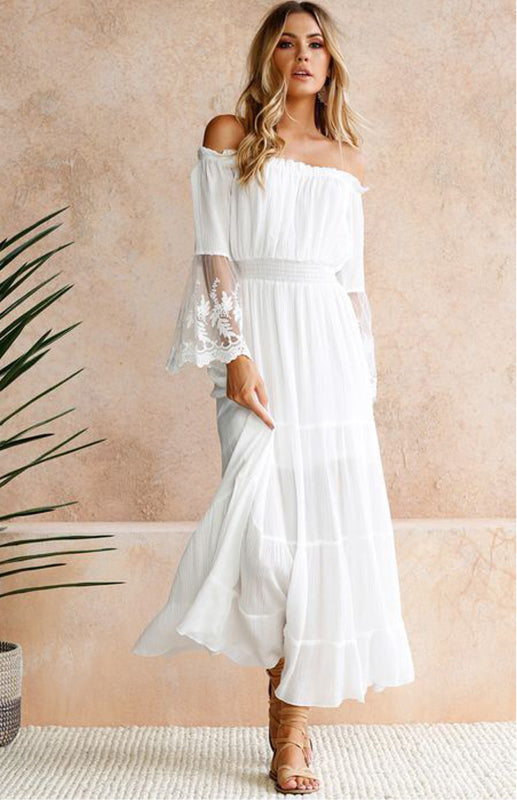 Adelaide - Off-Shoulder Maxi Dress with Lace Sleeves and Tiered Skirt