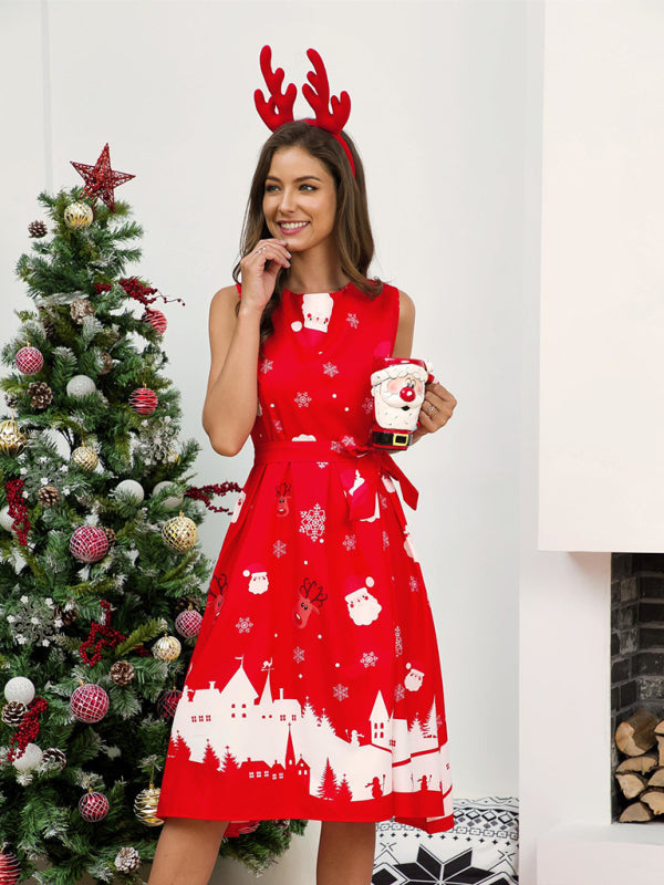 Sanna - Christmas Print A-Line Dress with Festive Santa and Snowflakes