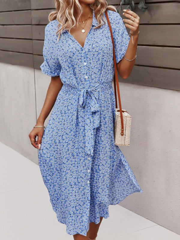 Soraya - Floral Print Midi Dress with Waist Tie and Button-Down Design