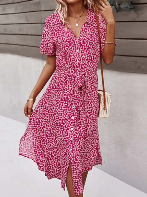 Soraya - Floral Print Midi Dress with Waist Tie and Button-Down Design