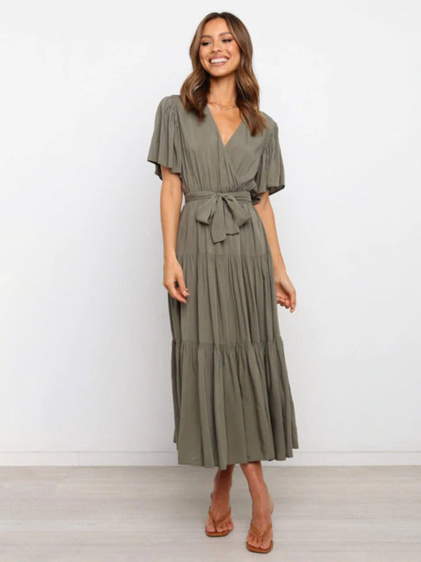 Gloria - Bohemian Midi Dress with V-Neck and Tiered Skirt