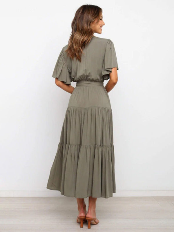 Gloria - Bohemian Midi Dress with V-Neck and Tiered Skirt