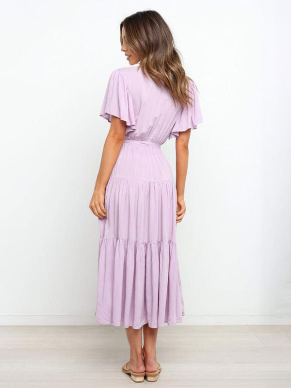 Gloria - Bohemian Midi Dress with V-Neck and Tiered Skirt