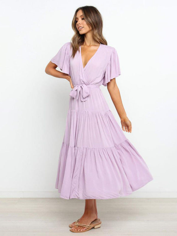 Gloria - Bohemian Midi Dress with V-Neck and Tiered Skirt