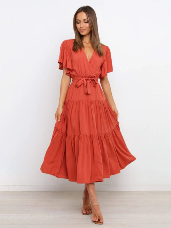 Gloria - Bohemian Midi Dress with V-Neck and Tiered Skirt