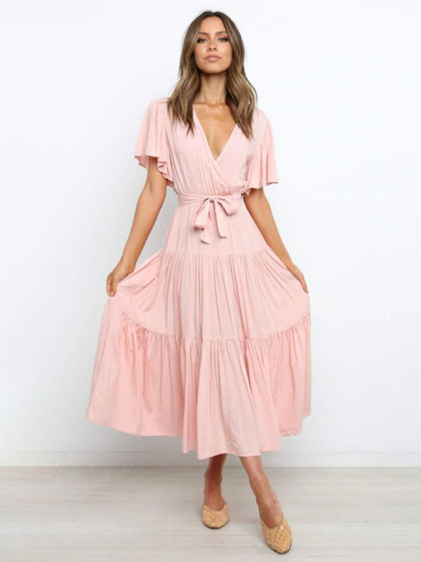 Gloria - Bohemian Midi Dress with V-Neck and Tiered Skirt