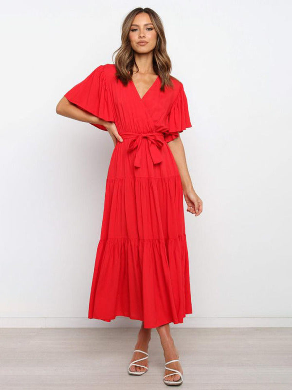 Gloria - Bohemian Midi Dress with V-Neck and Tiered Skirt