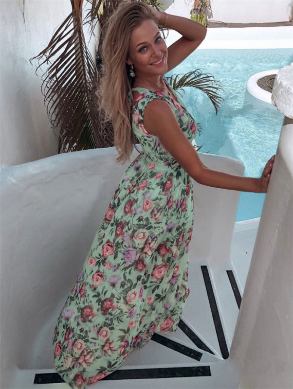 Greta - Floral Print Maxi Dress with High Slit and Sleeveless Design