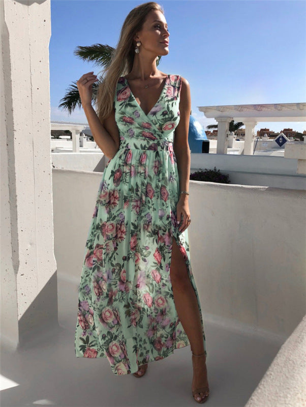 Greta - Floral Print Maxi Dress with High Slit and Sleeveless Design