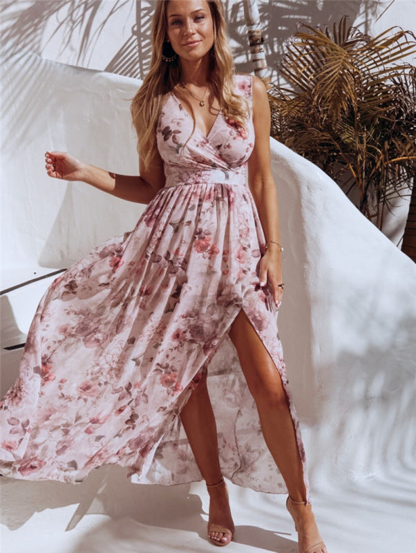 Greta - Floral Print Maxi Dress with High Slit and Sleeveless Design