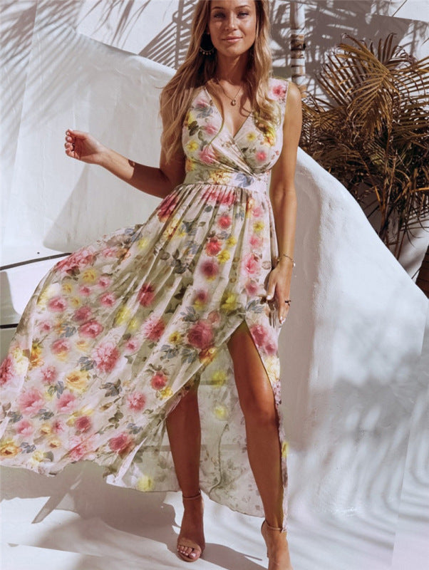 Greta - Floral Print Maxi Dress with High Slit and Sleeveless Design