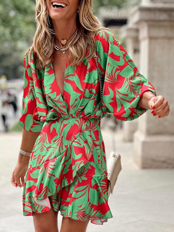 Elena - Tropical Print Mini Dress with Deep V-Neck and Puff Sleeves