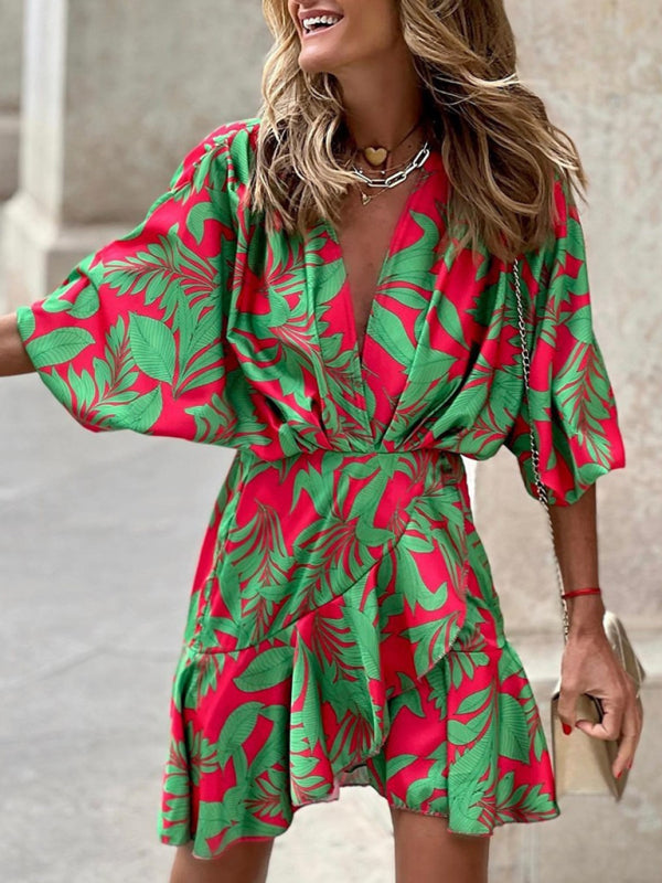 Elena - Tropical Print Mini Dress with Deep V-Neck and Puff Sleeves