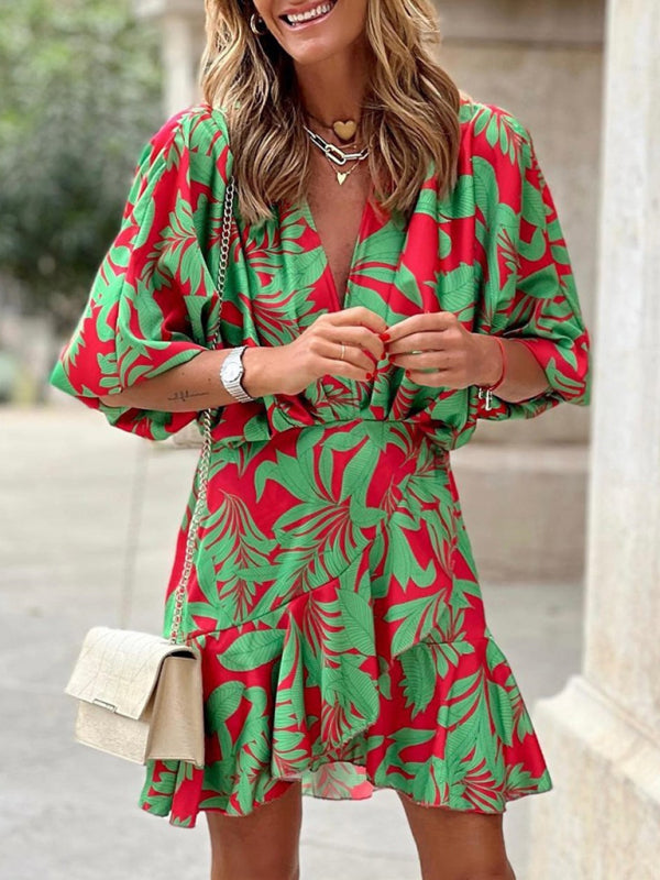 Elena - Tropical Print Mini Dress with Deep V-Neck and Puff Sleeves