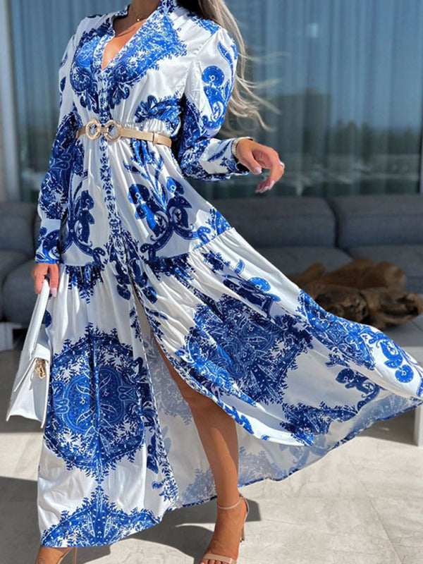 Ophelia - Paisley Print Maxi Dress with Button-Down Front and High Slit