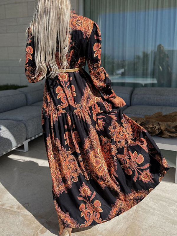 Ophelia - Paisley Print Maxi Dress with Button-Down Front and High Slit