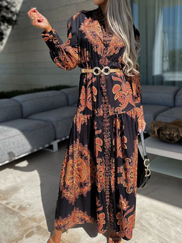 Ophelia - Paisley Print Maxi Dress with Button-Down Front and High Slit