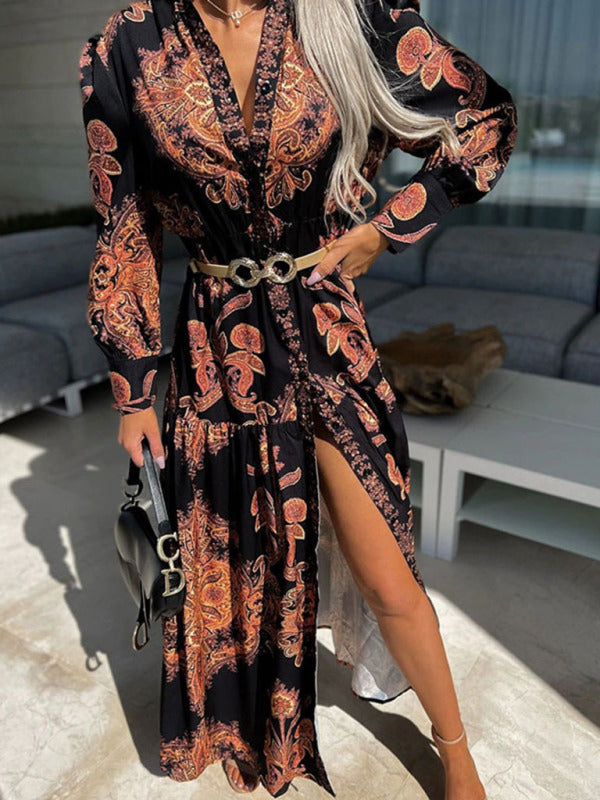 Ophelia - Paisley Print Maxi Dress with Button-Down Front and High Slit