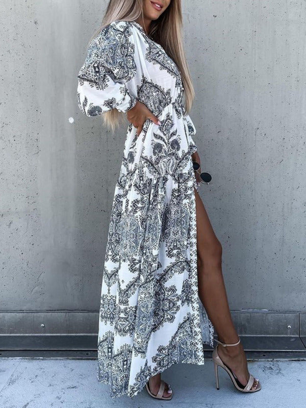 Ophelia - Paisley Print Maxi Dress with Button-Down Front and High Slit