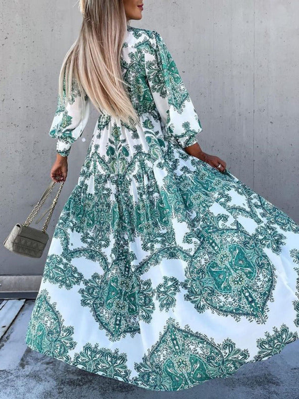 Ophelia - Paisley Print Maxi Dress with Button-Down Front and High Slit