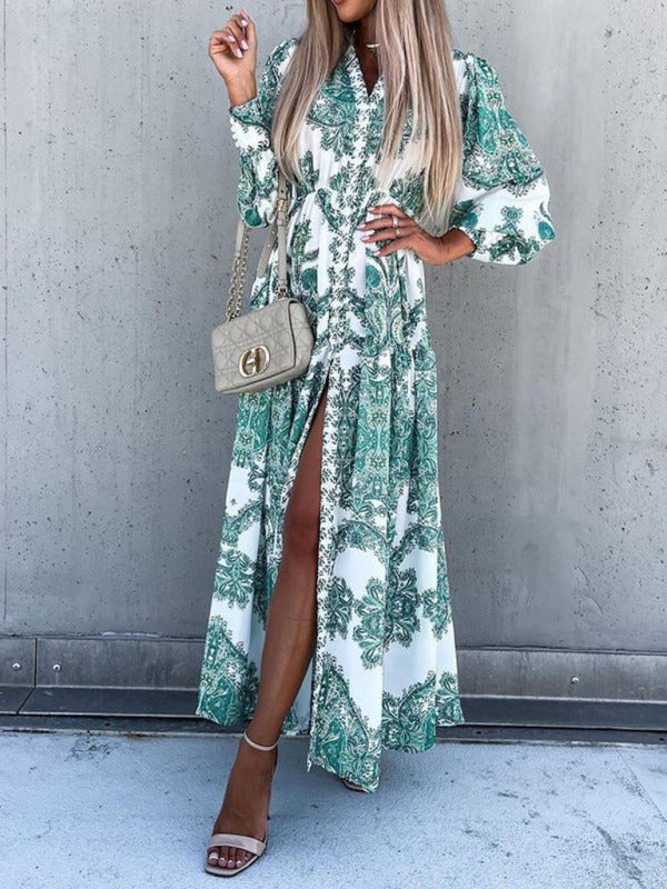 Ophelia - Paisley Print Maxi Dress with Button-Down Front and High Slit