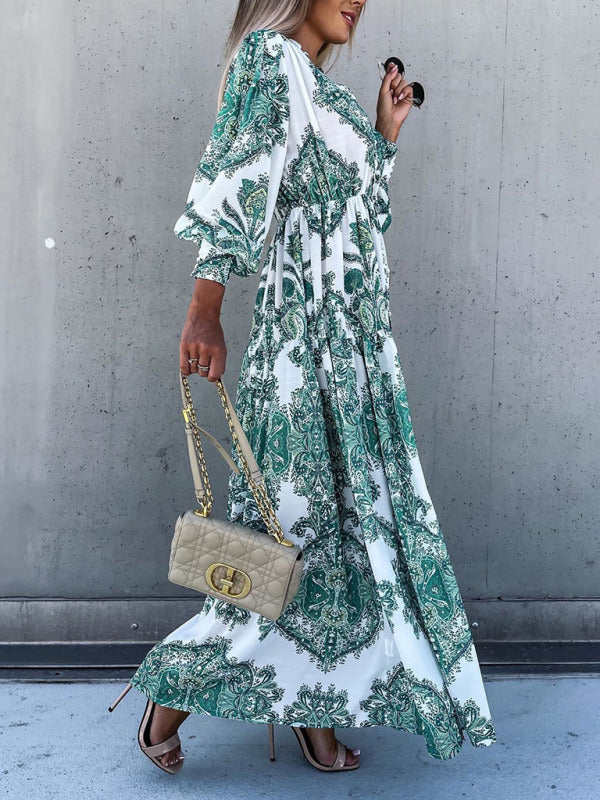 Ophelia - Paisley Print Maxi Dress with Button-Down Front and High Slit