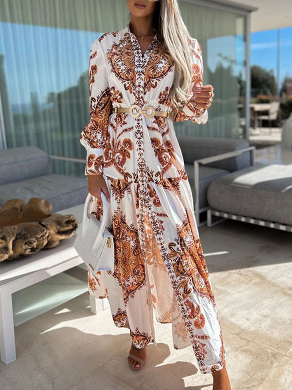 Ophelia - Paisley Print Maxi Dress with Button-Down Front and High Slit