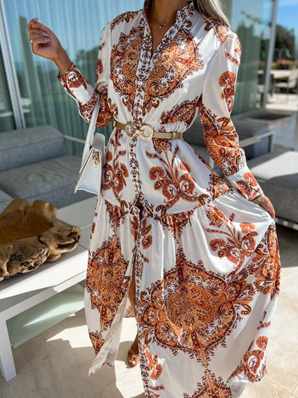 Ophelia - Paisley Print Maxi Dress with Button-Down Front and High Slit