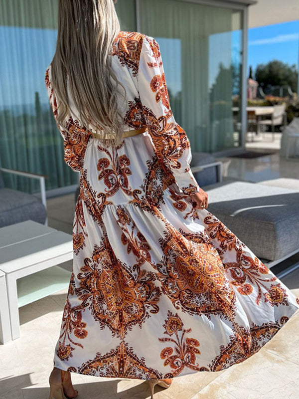 Ophelia - Paisley Print Maxi Dress with Button-Down Front and High Slit