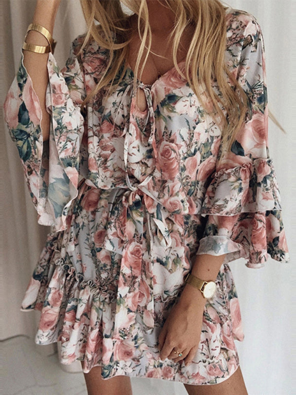 Elisa - Floral Print Chiffon Dress with V-Neck and Ruffle Sleeves