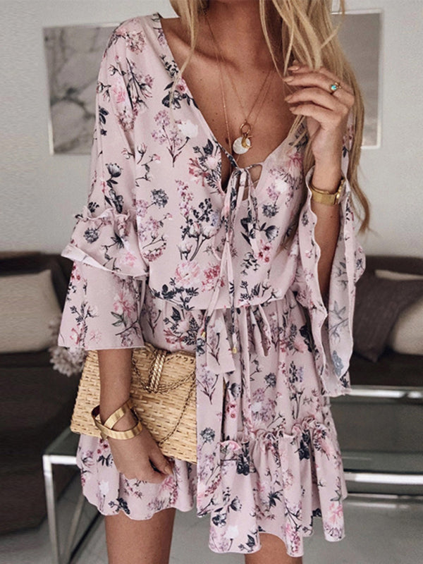 Elisa - Floral Print Chiffon Dress with V-Neck and Ruffle Sleeves