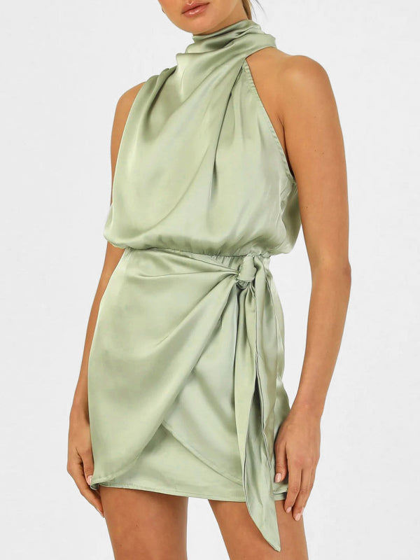 Charity - Halter Neck Mini Dress with Draped Front and Tie Waist