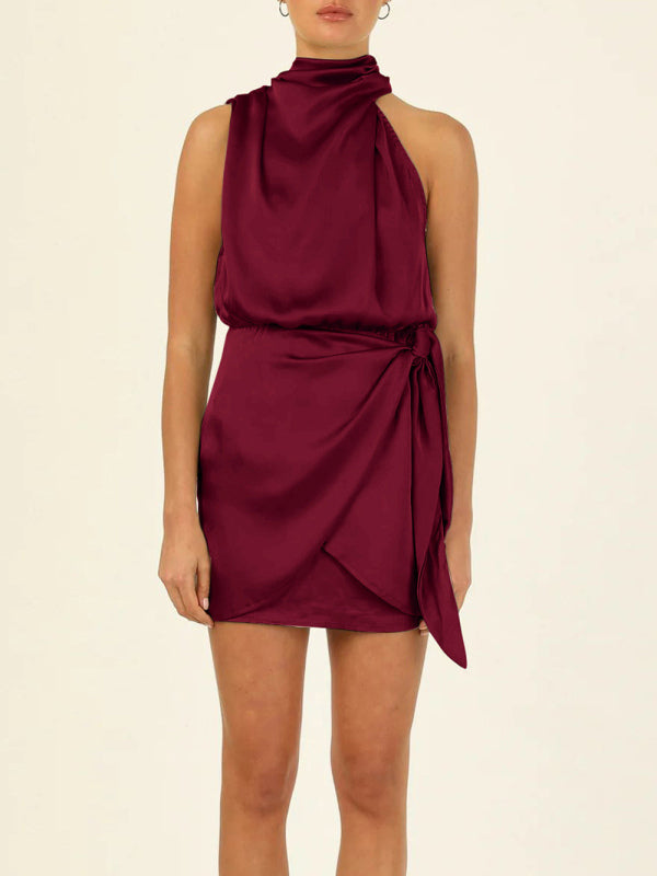 Charity - Halter Neck Mini Dress with Draped Front and Tie Waist