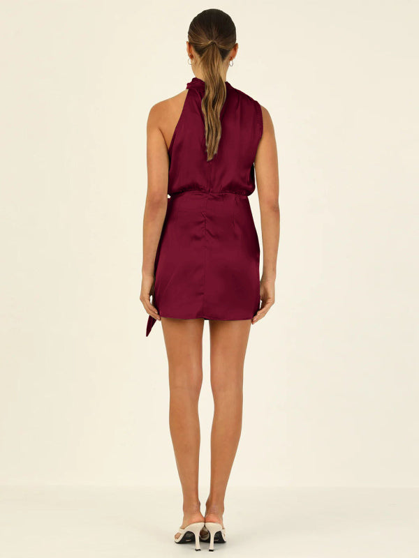 Charity - Halter Neck Mini Dress with Draped Front and Tie Waist