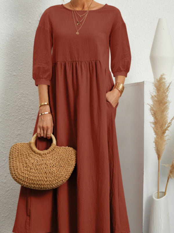 Braelyn - Lantern Sleeve Midi Dress with Pockets Cotton Linen Loose Fit