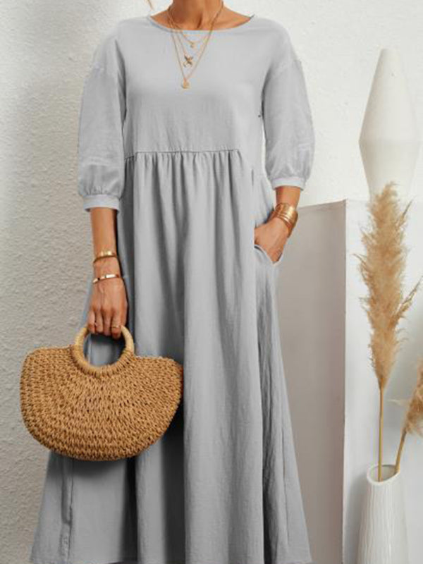 Braelyn - Lantern Sleeve Midi Dress with Pockets Cotton Linen Loose Fit