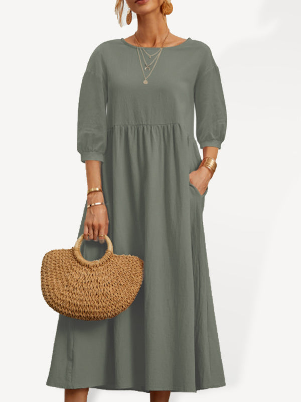 Braelyn - Lantern Sleeve Midi Dress with Pockets Cotton Linen Loose Fit