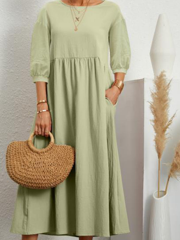 Braelyn - Lantern Sleeve Midi Dress with Pockets Cotton Linen Loose Fit