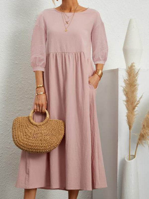 Braelyn - Lantern Sleeve Midi Dress with Pockets Cotton Linen Loose Fit