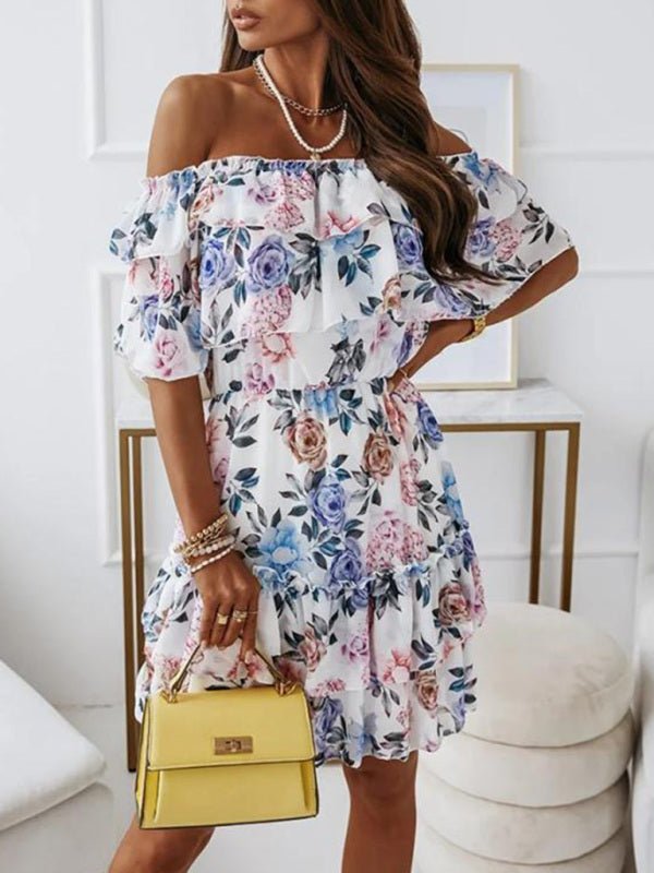 Luna - Off-Shoulder Chiffon Dress with Floral Print and Ruffled Neckline