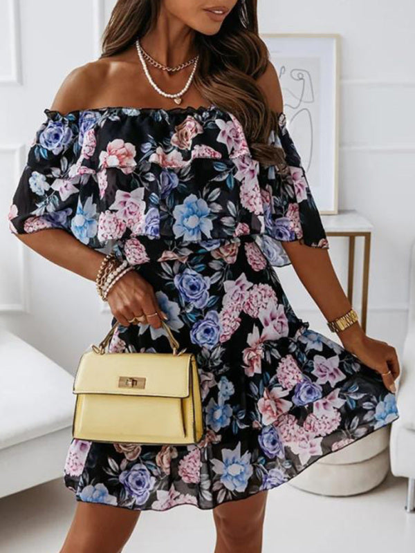 Luna - Off-Shoulder Chiffon Dress with Floral Print and Ruffled Neckline