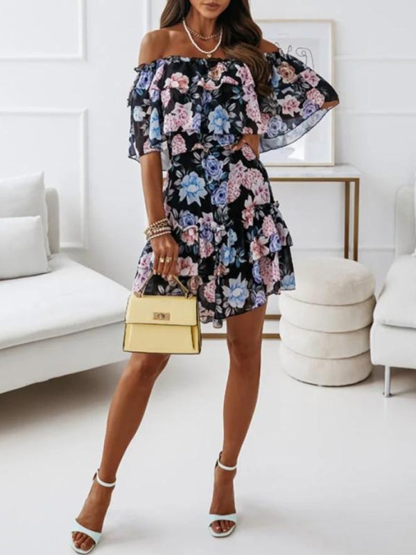 Luna - Off-Shoulder Chiffon Dress with Floral Print and Ruffled Neckline