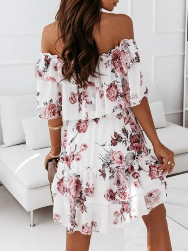 Luna - Off-Shoulder Chiffon Dress with Floral Print and Ruffled Neckline