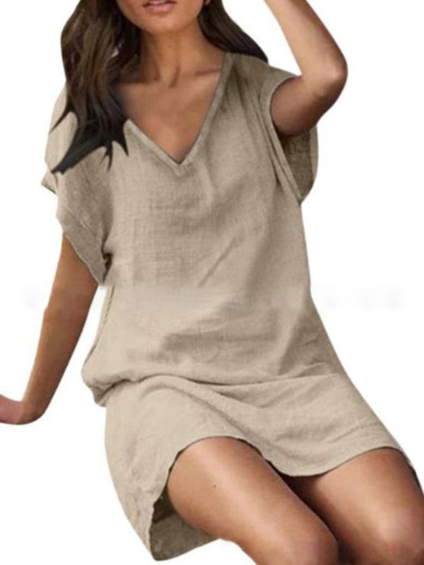 Nellie - V-Neck Linen Feel Dress with Short Sleeves and Loose Fit