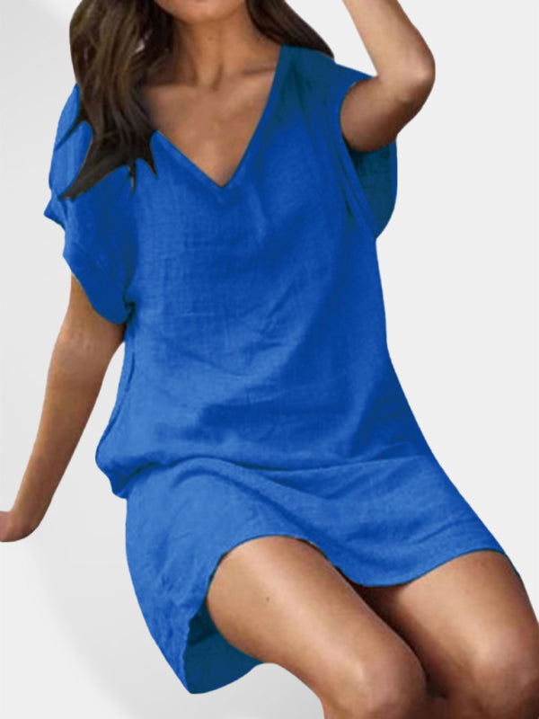 Nellie - V-Neck Linen Feel Dress with Short Sleeves and Loose Fit