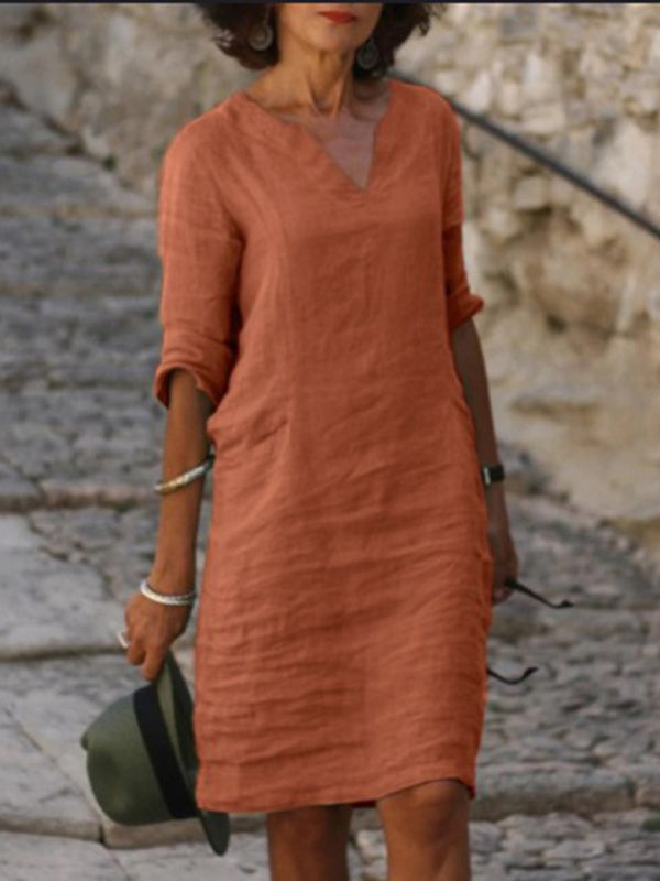 Mila - V-Neck Cotton Linen Dress with Mid Sleeves and Slim Fit