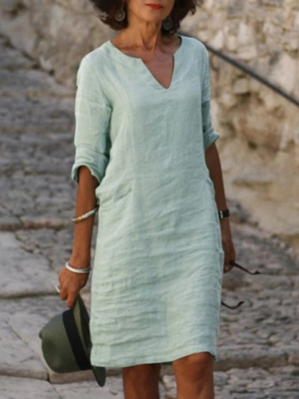 Mila - V-Neck Cotton Linen Dress with Mid Sleeves and Slim Fit