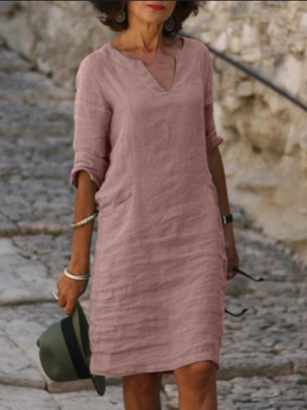 Mila - V-Neck Cotton Linen Dress with Mid Sleeves and Slim Fit